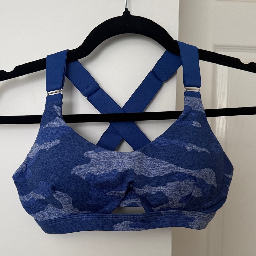 Bombshell Sportswear Blue Camo Crisscross Back Sports Bra